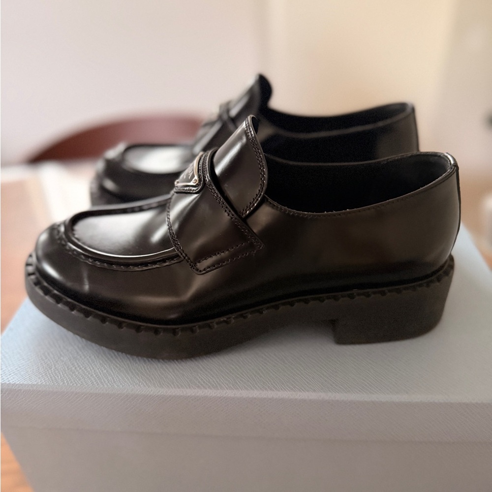 Prada Black Patent Leather Logo Penny Loafers - Picture 3 of 5